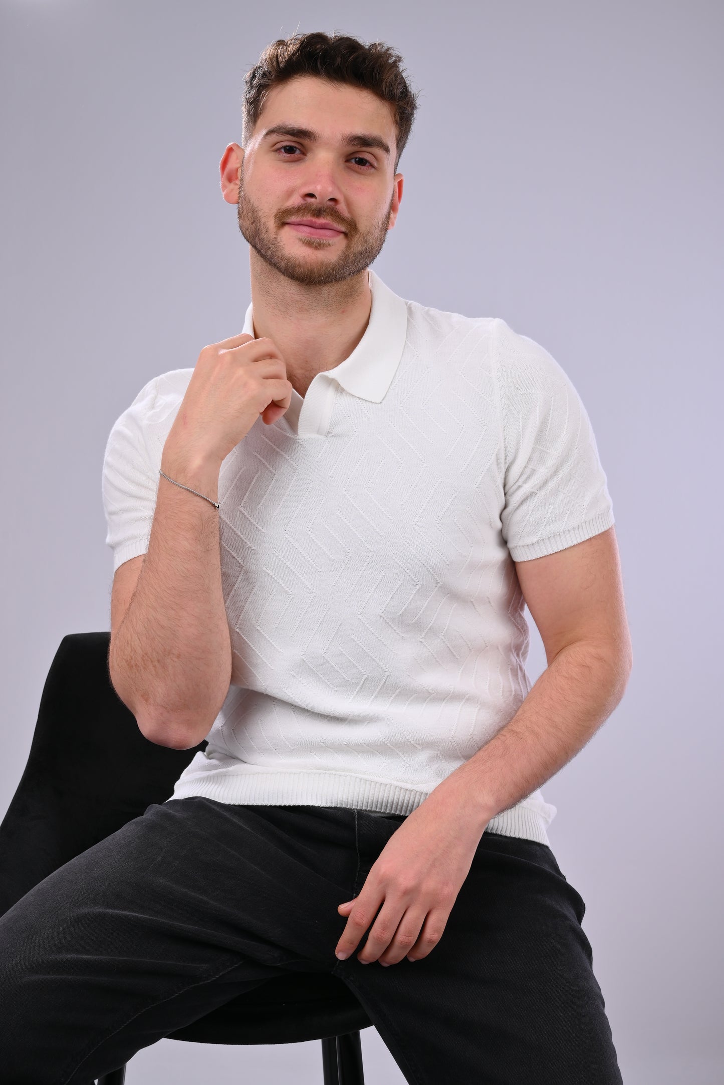 Refined Comfort - 100% Cotton Polo Sweater With Modern Knit Pattern