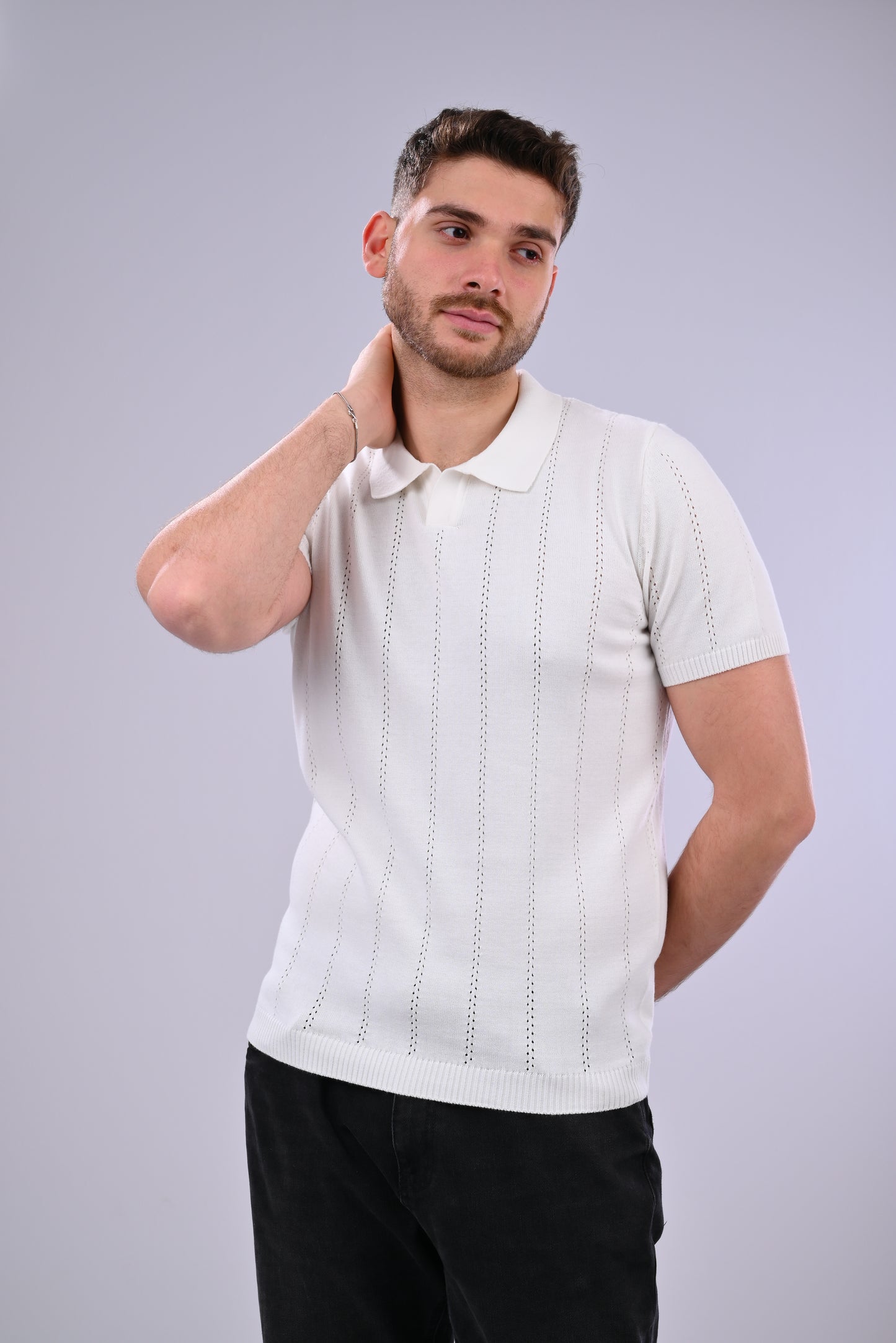 Light, Airy, Elegant – 100% Cotton Polo Sweater with Refined Openwork Detail