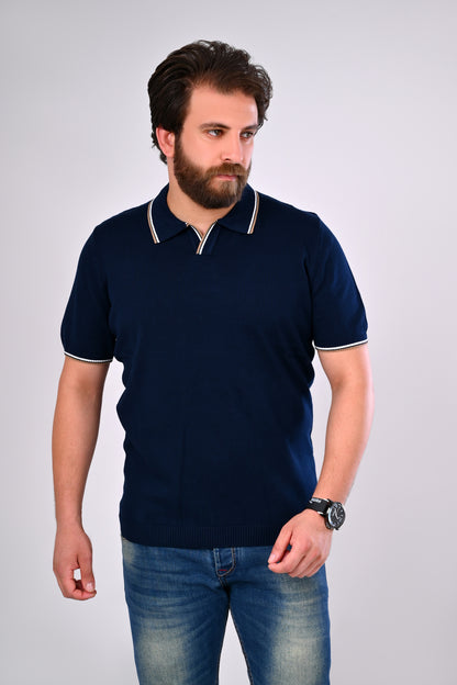 سترة بولو قطنية كلاسيكية - سادة مع حافة مزدوجة