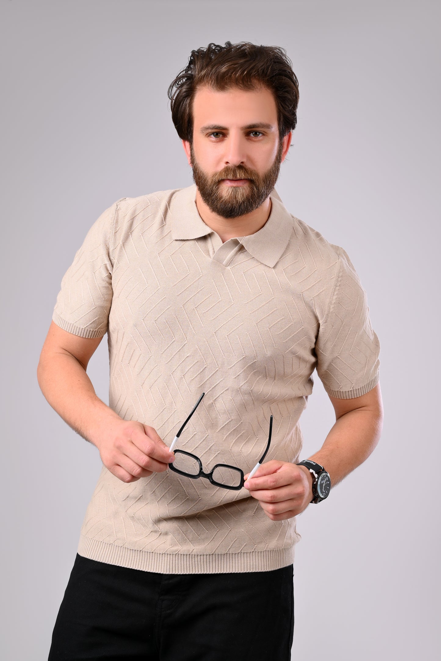 Refined Comfort - 100% Cotton Polo Sweater With Modern Knit Pattern