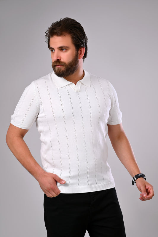 Light, Airy, Elegant – 100% Cotton Polo Sweater with Refined Openwork Detail